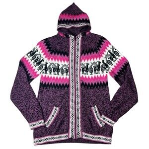 Maki Arts Women Hooded Alpaca Handmade Sweater Cardigan Purple / Black Ecuador